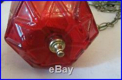 Vintage RED Glass Hanging MCM Pendant Cylinder Hexagon Swag Lamp With Diffuser
