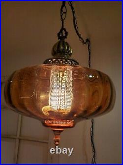 Vintage REWIRED Amber Swag Hanging Light Glass Globe Mid Century Lamp Plug In