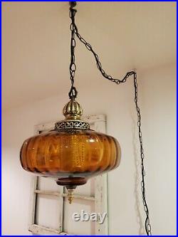 Vintage REWIRED Amber Swag Hanging Light Glass Globe Mid Century Lamp Plug In