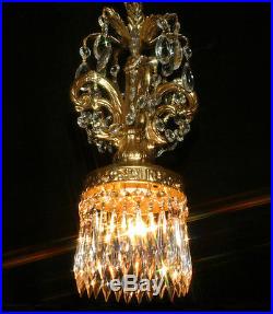 Vintage ROCOCO hanging Spelter brass plate pendant Lamp Crystal petit Chandelier