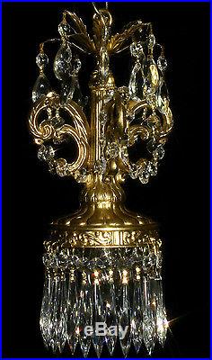 Vintage ROCOCO hanging Spelter brass plate pendant Lamp Crystal petit Chandelier