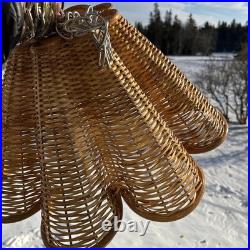 Vintage Rattan Bamboo Wicker Brass Pendant Tulip Hanging Swag Lamp Fluted