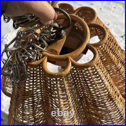 Vintage Rattan Bamboo Wicker Brass Pendant Tulip Hanging Swag Lamp Fluted