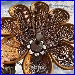 Vintage Rattan Bamboo Wicker Brass Pendant Tulip Hanging Swag Lamp Fluted
