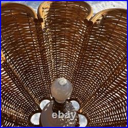 Vintage Rattan Bamboo Wicker Brass Pendant Tulip Hanging Swag Lamp Fluted