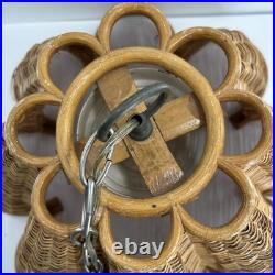 Vintage Rattan Bamboo Wicker Brass Pendant Tulip Hanging Swag Lamp Fluted