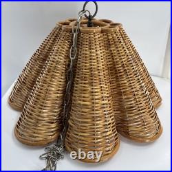 Vintage Rattan Bamboo Wicker Brass Pendant Tulip Hanging Swag Lamp Fluted