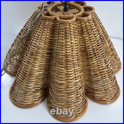 Vintage Rattan Bamboo Wicker Brass Pendant Tulip Hanging Swag Lamp Fluted