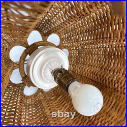 Vintage Rattan Bamboo Wicker Brass Pendant Tulip Hanging Swag Lamp Fluted