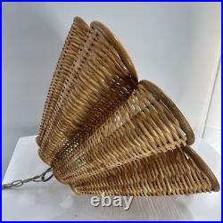 Vintage Rattan Bamboo Wicker Brass Pendant Tulip Hanging Swag Lamp Fluted