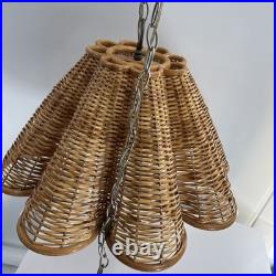 Vintage Rattan Bamboo Wicker Brass Pendant Tulip Hanging Swag Lamp Fluted