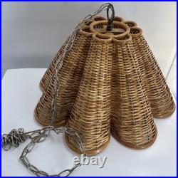 Vintage Rattan Bamboo Wicker Brass Pendant Tulip Hanging Swag Lamp Fluted