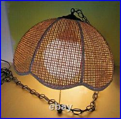 Vintage Rattan Wicker Hanging Chain Lamp 60s 70s with Glass Globe Tested Working