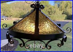 Vintage Reconditioned Gothic Spanish Wrought Iron Amber Glass 3-lite Swag Lamp