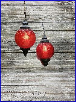 Vintage Red Glass Globe Round Swag Hanging Light Lamps Diffuser Optic Art Glass