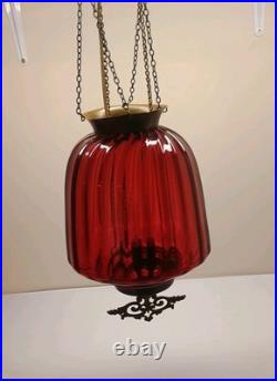 Vintage Red Glass Swag Lamp Hanging Light MCM Wall Plug Powered