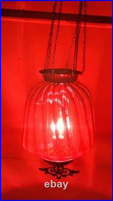 Vintage Red Glass Swag Lamp Hanging Light MCM Wall Plug Powered
