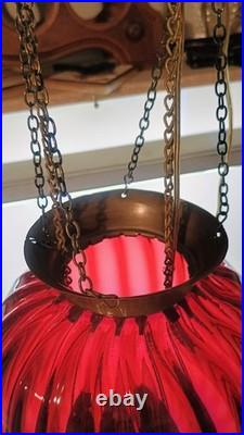 Vintage Red Glass Swag Lamp Hanging Light MCM Wall Plug Powered