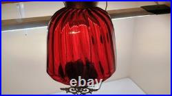 Vintage Red Glass Swag Lamp Hanging Light MCM Wall Plug Powered