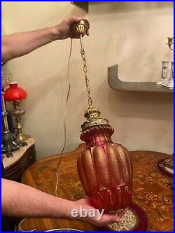 Vintage Red Hanging Chain Lamp w. Big AMAZING Crystal Pendant Glass
