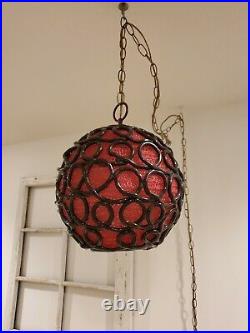 Vintage Red Lucite Spaghetti Swag Light Black Detail Hanging Lamp Mid Century