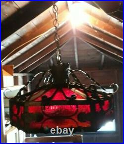 Vintage Red Stained Glass Rustic Metal Hanging Lamp