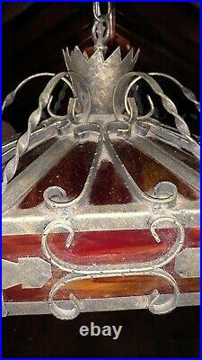 Vintage Red Stained Glass Rustic Metal Hanging Lamp