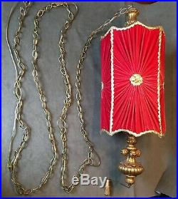 Vintage Red Velvet Gold Accent Hollywood Regency Hanging Light Lamp Swag Retro