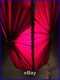 Vintage Red Velvet Gold Accent Hollywood Regency Hanging Light Lamp Swag Retro