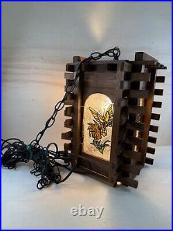 Vintage Redwood Wrought Iron & Stained Glass Hanging Lamp Butterfly On Tulip