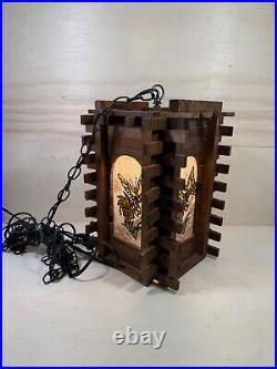 Vintage Redwood Wrought Iron & Stained Glass Hanging Lamp Butterfly On Tulip