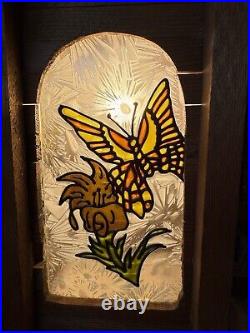 Vintage Redwood Wrought Iron & Stained Glass Hanging Lamp Butterfly On Tulip
