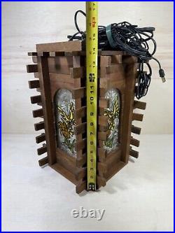 Vintage Redwood Wrought Iron & Stained Glass Hanging Lamp Butterfly On Tulip
