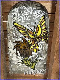 Vintage Redwood Wrought Iron & Stained Glass Hanging Lamp Butterfly On Tulip