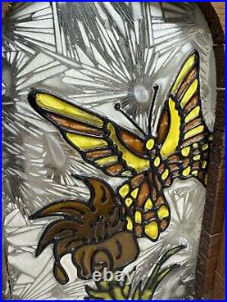 Vintage Redwood Wrought Iron & Stained Glass Hanging Lamp Butterfly On Tulip