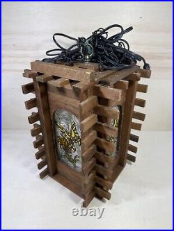 Vintage Redwood Wrought Iron & Stained Glass Hanging Lamp Butterfly On Tulip