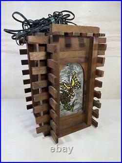 Vintage Redwood Wrought Iron & Stained Glass Hanging Lamp Butterfly On Tulip
