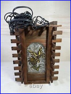 Vintage Redwood Wrought Iron & Stained Glass Hanging Lamp Butterfly On Tulip