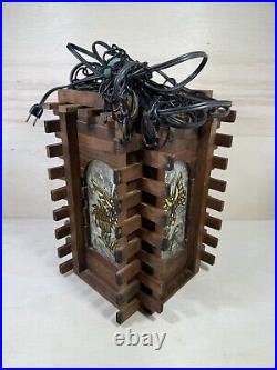 Vintage Redwood Wrought Iron & Stained Glass Hanging Lamp Butterfly On Tulip
