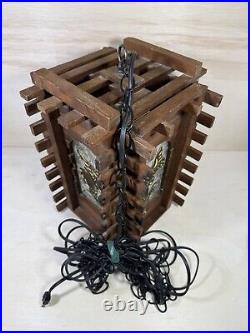 Vintage Redwood Wrought Iron & Stained Glass Hanging Lamp Butterfly On Tulip