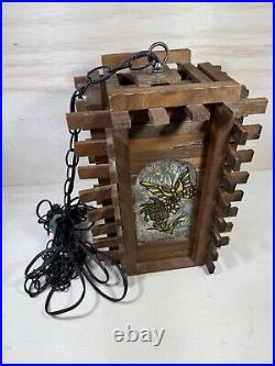 Vintage Redwood Wrought Iron & Stained Glass Hanging Lamp Butterfly On Tulip