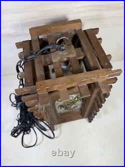 Vintage Redwood Wrought Iron & Stained Glass Hanging Lamp Butterfly On Tulip