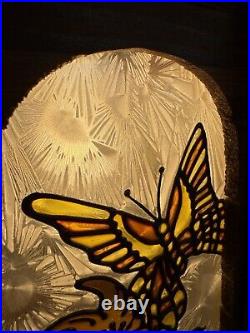 Vintage Redwood Wrought Iron & Stained Glass Hanging Lamp Butterfly On Tulip