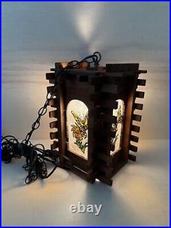 Vintage Redwood Wrought Iron & Stained Glass Hanging Lamp Butterfly On Tulip