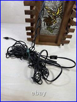 Vintage Redwood Wrought Iron & Stained Glass Hanging Lamp Butterfly On Tulip