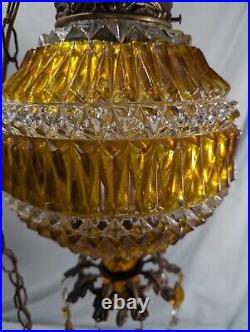 Vintage Retro 70's Amber Clear Diamond Glass Hanging Swag Light With Crystals