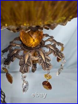 Vintage Retro 70's Amber Clear Diamond Glass Hanging Swag Light With Crystals