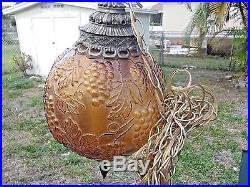 Vintage Retro Amber Glass Globe Ball Grape Swag Hanging Lamp 1970s-NICE! LOOK