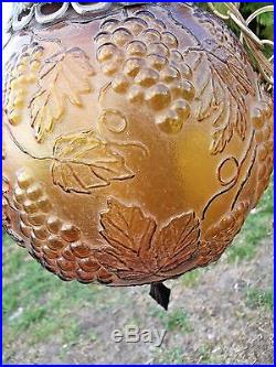 Vintage Retro Amber Glass Globe Ball Grape Swag Hanging Lamp 1970s-NICE! LOOK