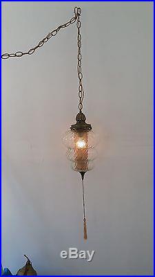 Vintage Retro Clear Swirl Swag Lamp Light Fixture Globe chain hanging gold color